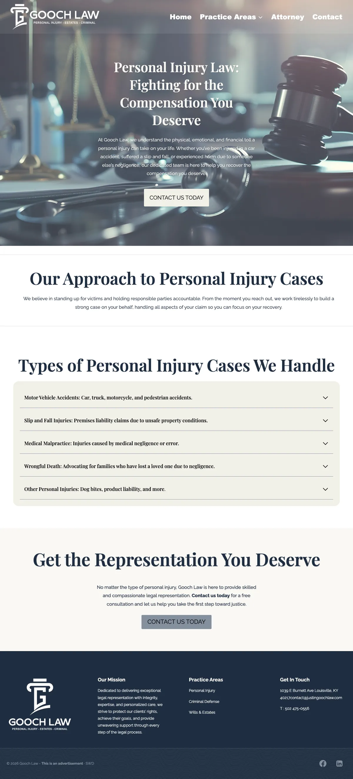 The Justin Gooch Law: personal injury website on a desk monitor
