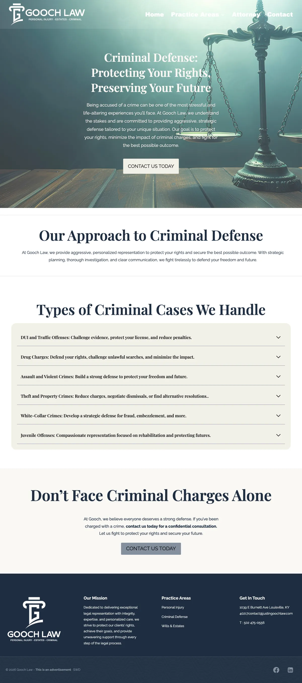 The Justin Gooch Law: criminal defense website on a desk monitor