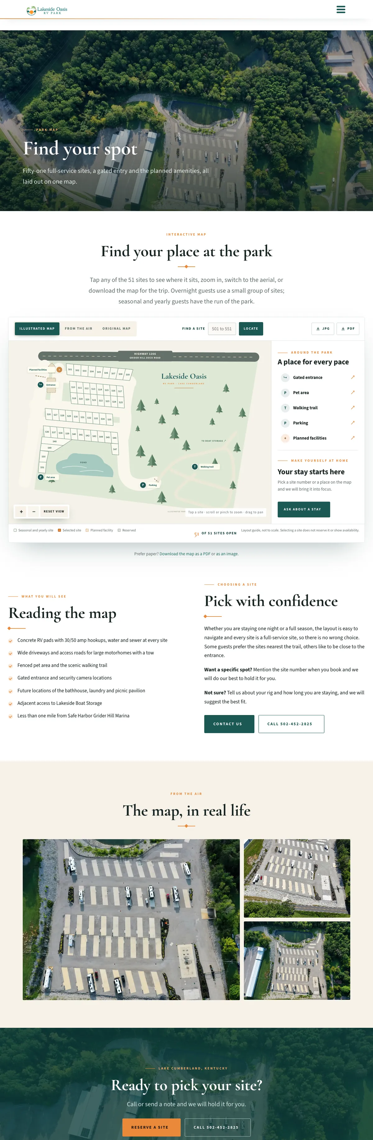 The Lakeside Oasis RV Park: interactive park map website on a desk monitor