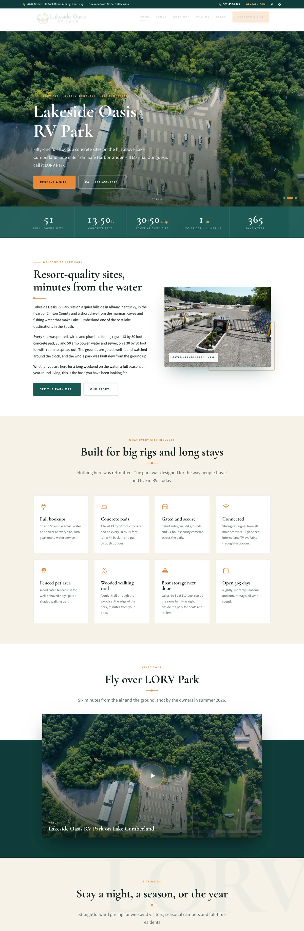 The Lakeside Oasis RV Park website on a desk monitor