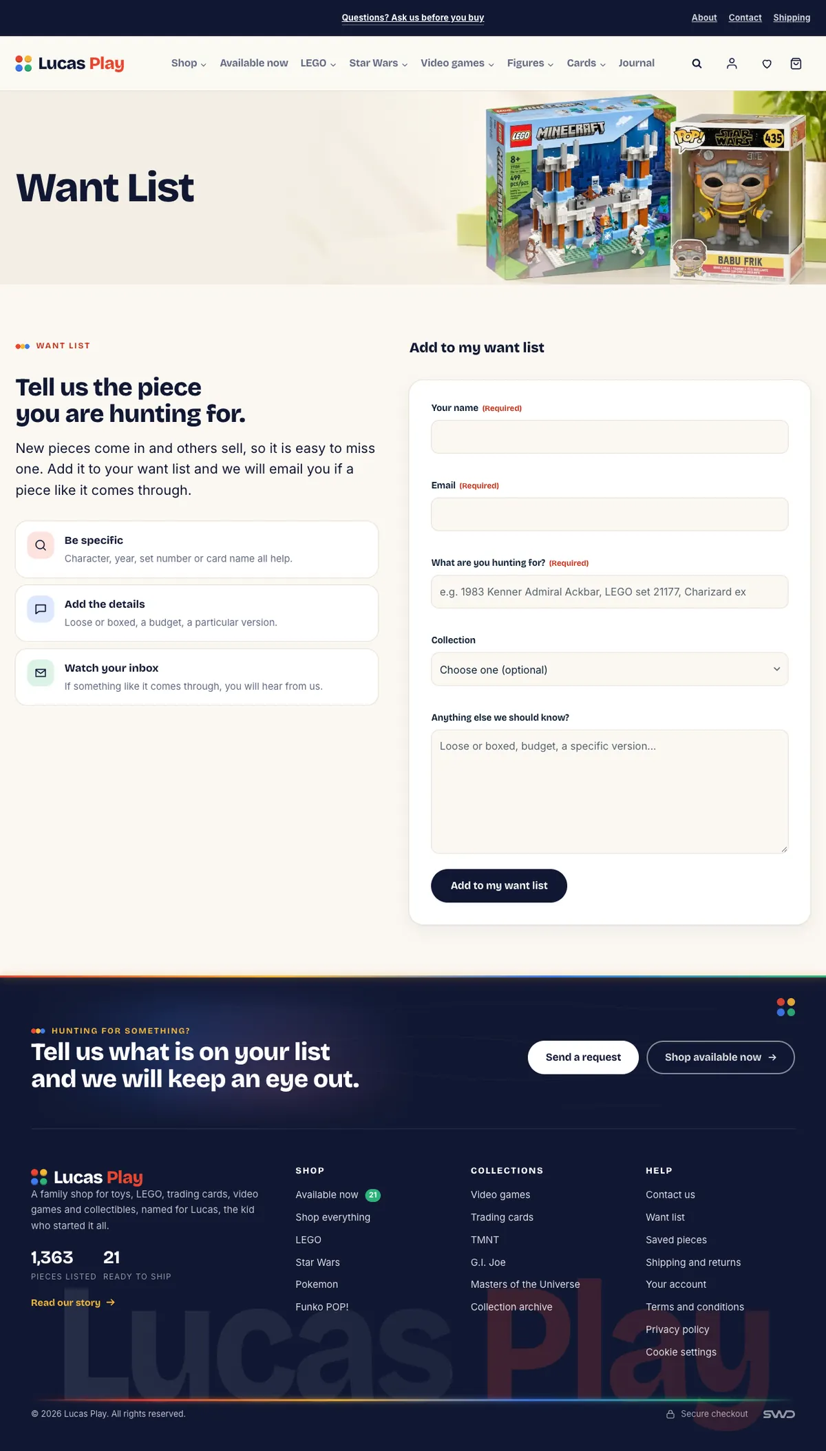 The Lucas Play: want list website on a desk monitor