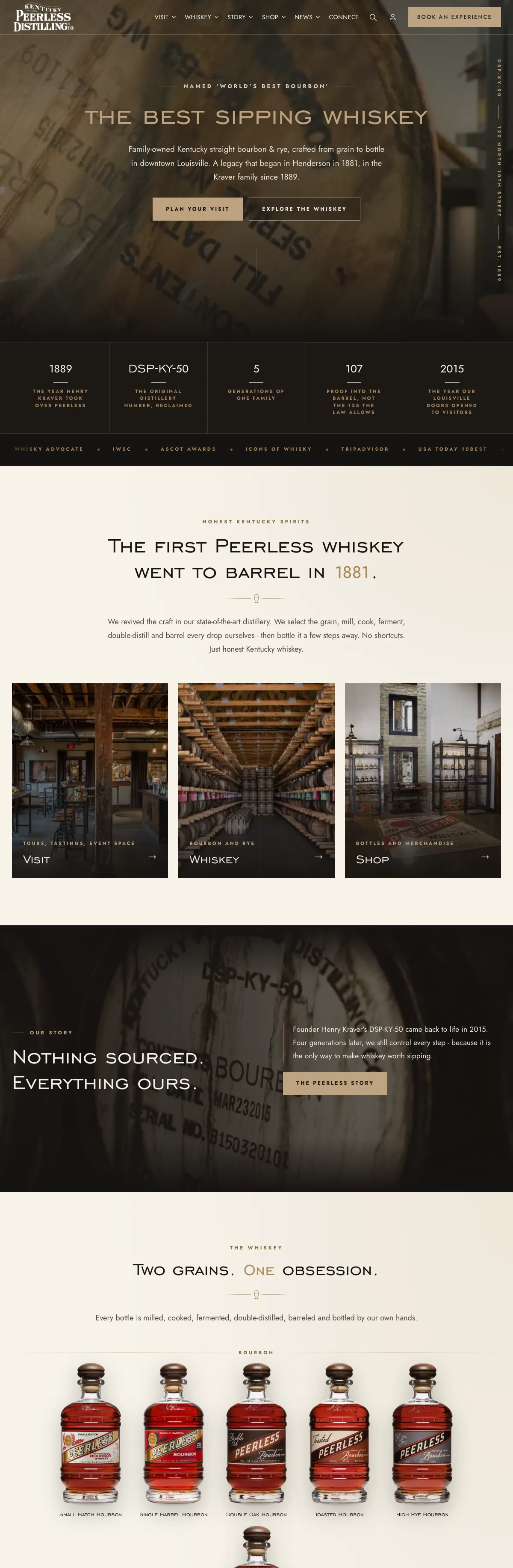 The Kentucky Peerless Distilling website on a desk monitor
