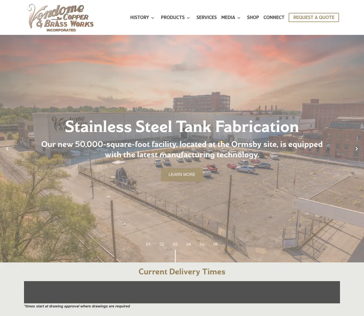 The Vendome Copper and Brass Works website on a monitor in a copper engineering studio