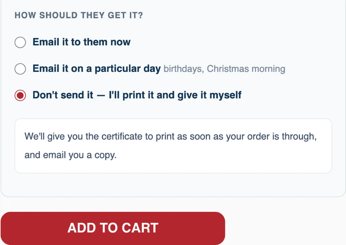 Buying a flight as a gift: email the certificate now, email it on a particular day, or print it and give it in person