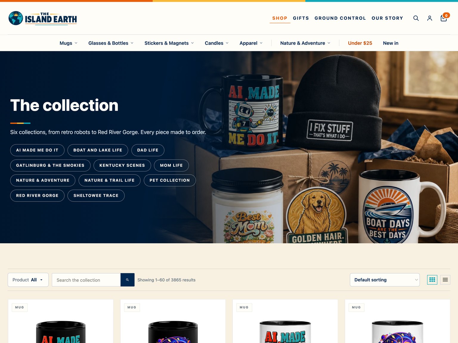 The Island Earth shop showing more than 3,800 products, six collections and the collection filters